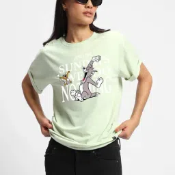 Bewakoof X Tom & Jerry Green Sundays We Do Nothing Graphic Print Boyfriend T-Shirt-picture-32