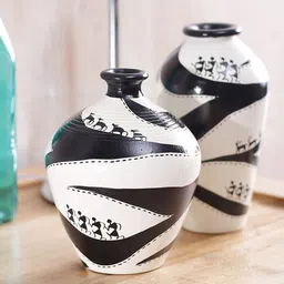 VarEesha Set of 2 Black & White Hand-Painted Terracotta Tribal Vases image 1