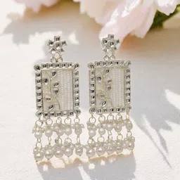 MEIRA JEWELLERY Silver Plated Kundan Stones Studded & Pearls Beaded Square Drop Earrings-picture-29