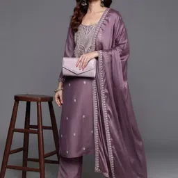 HERE&NOW Women Ethnic Motifs Embroidered Regular Thread Work Chanderi Silk Kurta with Trousers & With Dupatta image 2