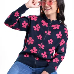 Pine Kids Full Sleeves Floral Design Sweater - Navy Blue-picture-24