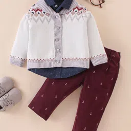 ToffyHouse Full Sleeves Shirt & Pant Set With Cardigan Intersia Print - Navy Blue Maroon & Beige-picture-13