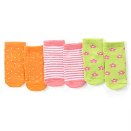 Cute Walk by Babyhug Ankle Length Antibacterial Knitted Striped Polka Dots & Floral Design Socks Pack Of 3 - Orange Pink & Green-picture-27