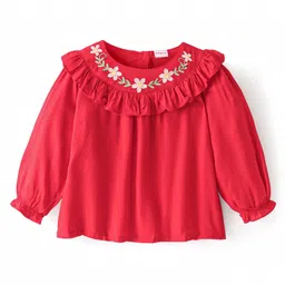 Babyhug Rayon Knit Full Sleeves Top With Floral Embroidery & Frill Detailing - Red-image-71
