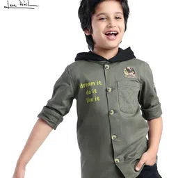 arias by lara dutta Arias Cotton Twill Knit Full Sleeves Knit Hooded Front Button Shacket With Badge - Olive-picture-20