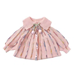 Little Surprise Box Cotton Knitted Full Puffed Sleeves Cable Knit Striped Cardigan With Hair Clip Set - Peach-picture-17