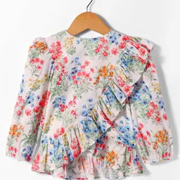 Hugsntugs Cotton Full Puffed Sleeves Floral Printed Frill Detailed Top - White-picture-16