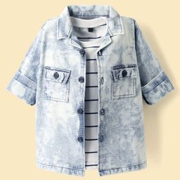 Dapper Dudes Full Sleeves Abstract Embroidered Mild Washed Denim Jacket With Striped Tee - Blue-picture-47