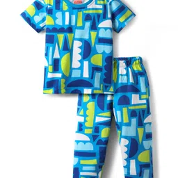 Babyhug Cotton Knit Half Sleeves Co-ords Night Suit with Abstract Print - Blue-image-77