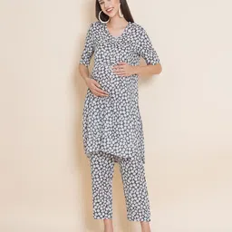 Mine4Nine Rayon Woven Half Sleeves Floral Printed Maternity Kurta With Nursing Access & Coordinating Pant Set - Grey & White image 1