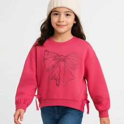 arias by lara dutta Arias 100% Cotton Knit Full Sleeves Fleece Sweatshirt With Rhinestones Bow Design & Side Tie Up - Pink-picture-26