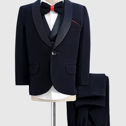 Robo Fry Cotton Woven Full Sleeves Solid 4 Piece Party Suit With Bow - Navy Blue-picture-17