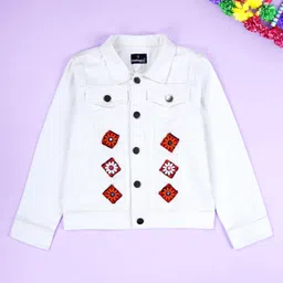 Kiddopanti Denim Woven Full Sleeves Floral Patch Detailed Jacket - White-picture-22