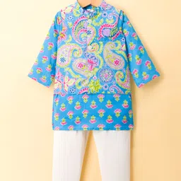 teentaare TEENTAAARE Cotton Woven Full Sleeves Kurta Pajama & Jacket Set With Floral Print - Light Blue-picture-25