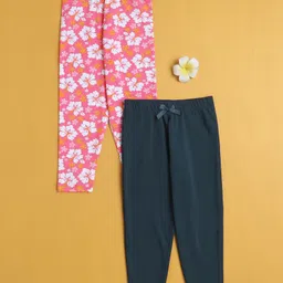 BUMZEE Cotton Knit Pack Of 2 Solid & Floral Printed Leggings - Navy & Pink-picture-31