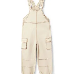 Tales & Stories Woven Sleeveless Solid Dungaree - Cream-picture-14