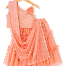 Babyhug Sleeveless Woven Sequenced Choli With Glitter Net Tiered Lehenga - Coral image 2
