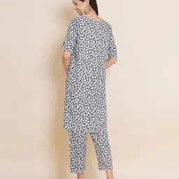 Mine4Nine Rayon Woven Half Sleeves Floral Printed Maternity Kurta With Nursing Access & Coordinating Pant Set - Grey & White image 3