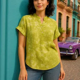 Chandbaali Women Tie and Dye Mandarin Collar Roll-Up Sleeves Regular Top image 3