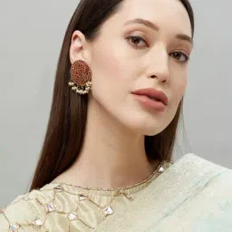 Fida Ethnic Indian Traditional Gold Pink Pearl Stud Earrings-picture-13