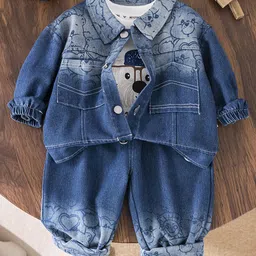 INCLUD Boys Cotton Puppy Printed Denim Jacket With T-Shirt & Pants Set-picture-51