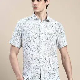 SHOWOFF Cream Cotton Slim Fit Printed Shirt-image-33