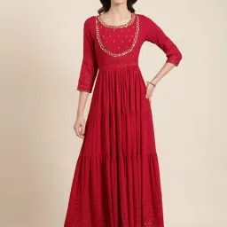 SHOWOFF Maroon Cotton Embellished Maxi Dress-image-7