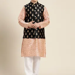 SOJANYA Men Pink & Gold Floral Printed Straight Kurta Churidar & Woven Design Nehru Jacket-picture-34