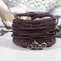 jewelgenics Brown Bike Style Wristband Leather Bracelet For Men (Pack of 4) image 4