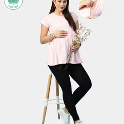 ECOMAMA Half Sleeves Organic Cotton & Bamboo Antimicrobial Ruffled Lounge Tee Solid - Light Pink-image-41