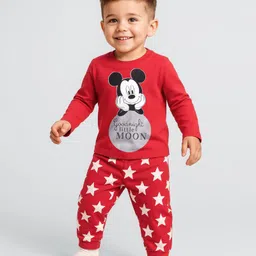 Babyhug Disney Cotton Knit Full Sleeves Night Suit With Mickey Mouse Print - Red-picture-14