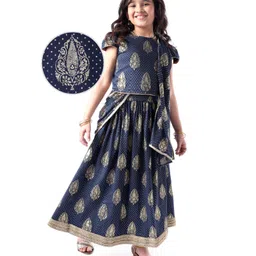 Earthy Touch Single Jersey Knit Half Sleeves Foil Printed Lehenga Choli Set with Dupatta - Navy Blue-picture-10