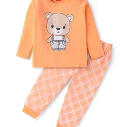 Babyhug Cotton Knit Full Sleeves Night Suit with Checkered & Bear Print - Orange-picture-33