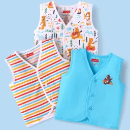 Babyhug 100% Cotton Knit Sleeveless Jhablas with Bear Print & Stripes Pack of 3 - Light Blue & White-image-66