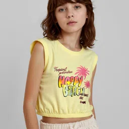 Primo Gino Cotton Knit Half Sleeves Waist Length T-Shirt with Happy Beach Theme Text Print - Yellow-image-49