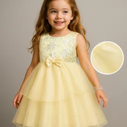 Babyhug Woven Sleeveless Party Dress with Floral & Bow Applique - Yellow-picture-28