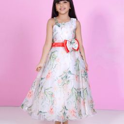 Ministitch Organza Woven Sleeveless Floral Printed Bow Applique Detailed Gown - Off White-picture-46