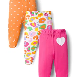 Babyhug Cotton Knit Footed Bootie Leggings with Heart & Polka Dot Print Pack of 3 - Orange Dark Pink & White-image-46