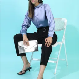 Tokyo Talkies Blue & rich black Mandarin Collar Shirt Style Top image 2