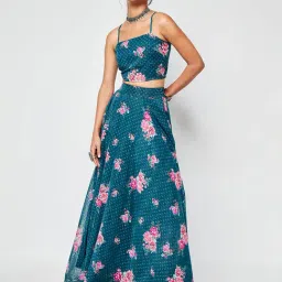 Global Desi Dark Green Floral Print Top With Skirt-image-70