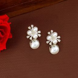 PRIVIU Silver-Plated CZ Stones Studded & Pearls Beaded Floral Shaped Drop Earrings-picture-1