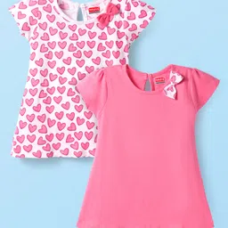Babyhug Cotton Knit Half Sleeves Frocks With Heart Print & Bow Applique Pack of 2 - Dark Pink & White-picture-13