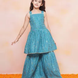 AJ Dezines Sleeveless Bandhej Designed & Gota Lace Embellished Coordinating Kurta & Sharara Set - Blue-image-58