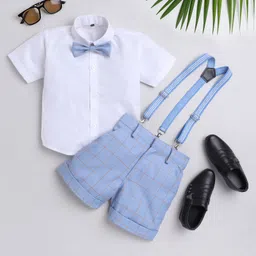 Jeet Ethnics Half Sleeves Solid Shirt With Checked Shorts Bow & Suspender Set - Blue-picture-16