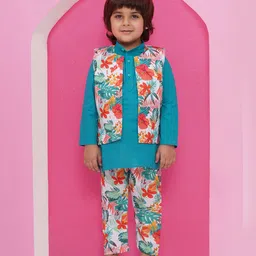 AJ Dezines Full Sleeves Soild Kurta With Floral Printed Coordinating Pant & Jacket Set - Blue image 1