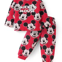 Babyhug Disney Single Jersey Knit Full Sleeves Night Suit With Mickey Mouse Print - Red-picture-34