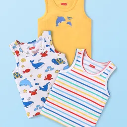 Babyhug 100% Cotton Knit Sleeveless Sea Life Theme Printed Sandos Pack of 3 - Yellow & White-picture-23