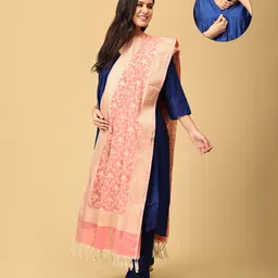 The Mom Store Silk Three Fourth Sleeves Solid Maternity Kurta With Nursing Access & Salwar With Foil Printed Dupatta Set - Multi Color-picture-28
