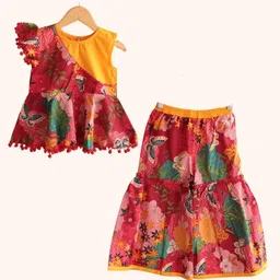 Peekaaboo Kids Cambric One Shoulder Cap Sleeves Floral Printed Coordinating Peplum Top & Sharara Set - Red-picture-27
