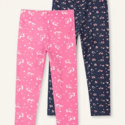 Ariel Cotton Knit Pack Of 2 Floral & Unicorn Printed Leggings - Navy Blue & Pink-picture-24